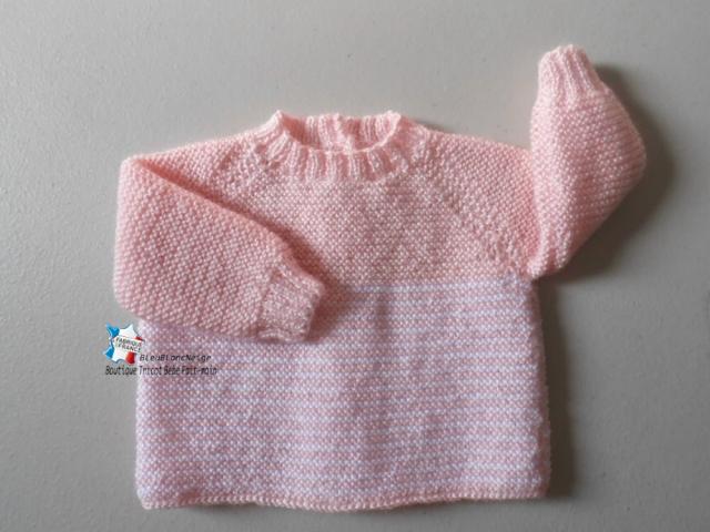 Photo Brassière tricot bébé manches raglan rose et blanc layette tricotée main image 5/5