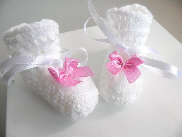 Photo Chaussons bébé nœud rose tricot laine fait main image 5/6