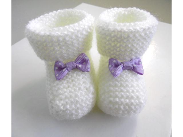 Photo Chaussons bébé nœud violet tricot laine fait main image 5/5