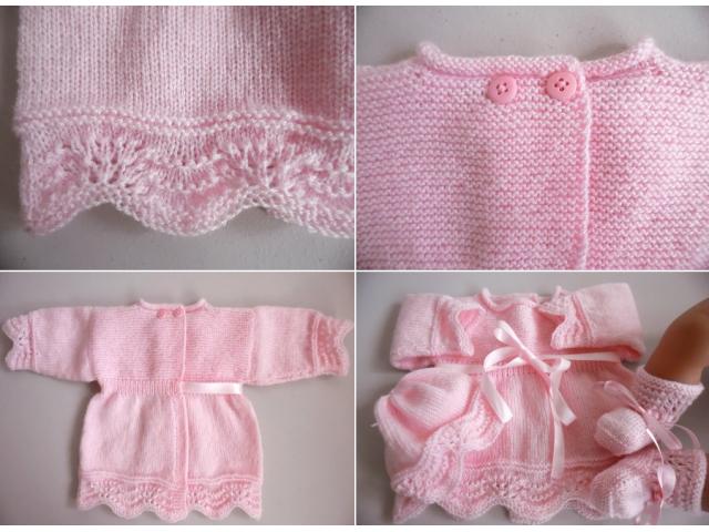 Photo Ensemble ou trousseau rose tricot laine bébé fait main image 5/6