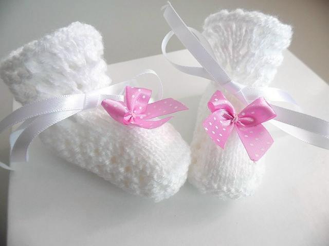 Photo Chaussons bébé nœud rose tricot laine fait main image 6/6