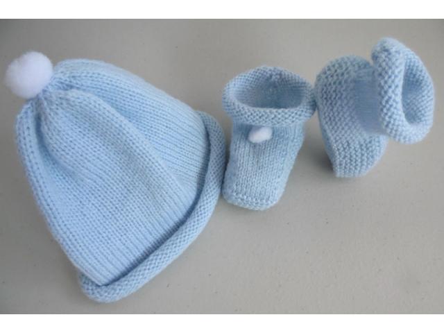 Photo Tricot laine bébé fait main bonnet bleu à pompon image 6/6